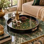 Ramadan Plastic Serving Tray – Black Teal Gold Medallion plastic serving tray shown in a round styled scene.