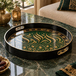 Ramadan Plastic Serving Tray – Black Teal Gold Medallion plastic serving tray shown in a round product view.