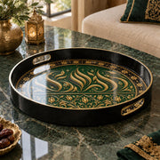 Ramadan Plastic Serving Tray – Black Teal Gold Medallion plastic serving tray shown in a round product view.