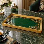 Ramadan Plastic Serving Tray – Gold and Green Pattern plastic serving tray shown in a rectangular product view.
