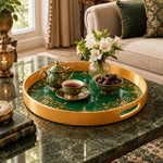 Ramadan Plastic Serving Tray – Gold and Green Pattern plastic serving tray shown in a round styled scene.