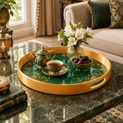 Ramadan Plastic Serving Tray – Gold and Green Pattern plastic serving tray shown in a round styled scene.