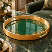 Ramadan Plastic Serving Tray – Gold and Green Pattern plastic serving tray shown in a round product view.