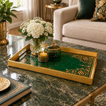 Ramadan Plastic Serving Tray – Gold and Green Pattern plastic serving tray shown in a rectangular styled scene.