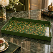 Ramadan Plastic Serving Tray – Gold Script Green Medallion plastic serving tray shown in a rectangular product view.