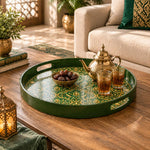 Ramadan Plastic Serving Tray – Gold Script Green Medallion plastic serving tray shown in a round styled scene.