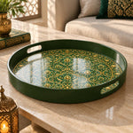 Ramadan Plastic Serving Tray – Gold Script Green Medallion plastic serving tray shown in a round product view.