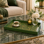 Ramadan Plastic Serving Tray – Gold Script Green Medallion plastic serving tray shown in a rectangular styled scene.