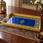 Ramadan Plastic Serving Tray – Blue Gold Script Band plastic serving tray shown in a rectangular product view.