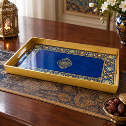 Ramadan Plastic Serving Tray – Blue Gold Script Band plastic serving tray shown in a rectangular product view.