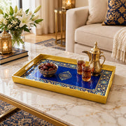 Ramadan Plastic Serving Tray – Blue Gold Script Band plastic serving tray shown in a rectangular styled scene.