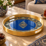 Ramadan Plastic Serving Tray – Blue Gold Script Band plastic serving tray shown in a round product view.