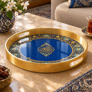 Ramadan Plastic Serving Tray – Blue Gold Script Band plastic serving tray shown in a round product view.