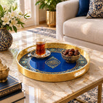 Ramadan Plastic Serving Tray – Blue Gold Script Band plastic serving tray shown in a round styled scene.