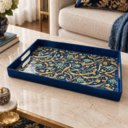 Ramadan Plastic Serving Tray – Navy Gold Arabesque Allover plastic serving tray shown in a rectangular product view.