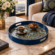 Ramadan Plastic Serving Tray – Navy Gold Arabesque Allover plastic serving tray shown in a round styled scene.