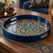 Ramadan Plastic Serving Tray – Navy Gold Arabesque Allover plastic serving tray shown in a round product view.