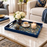 Ramadan Plastic Serving Tray – Navy Gold Arabesque Allover plastic serving tray shown in a rectangular styled scene.