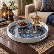Ramadan Plastic Serving Tray – Blue Medallion Gold Sprays plastic serving tray shown in a round styled scene.