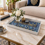 Ramadan Plastic Serving Tray – Blue Medallion Gold Sprays plastic serving tray shown in a rectangular styled scene.