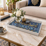Ramadan Plastic Serving Tray – Blue Medallion Gold Sprays plastic serving tray shown in a rectangular styled scene.