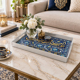 Ramadan Plastic Serving Tray – Blue Medallion Gold Sprays plastic serving tray shown in a rectangular styled scene.