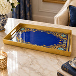 Ramadan Plastic Serving Tray – Blue Gold Calligraphy Frame plastic serving tray shown in a rectangular product view.