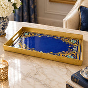 Ramadan Plastic Serving Tray – Blue Gold Calligraphy Frame plastic serving tray shown in a rectangular product view.
