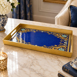Ramadan Plastic Serving Tray – Blue Gold Calligraphy Frame plastic serving tray shown in a rectangular product view.