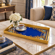 Ramadan Plastic Serving Tray – Blue Gold Calligraphy Frame plastic serving tray shown in a rectangular styled scene.