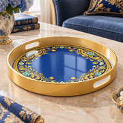 Ramadan Plastic Serving Tray – Blue Gold Calligraphy Frame plastic serving tray shown in a round product view.