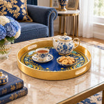 Ramadan Plastic Serving Tray – Blue Gold Calligraphy Frame plastic serving tray shown in a round styled scene.