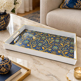 Ramadan Plastic Serving Tray – Blue Gold Tulip Arabesque plastic serving tray shown in a rectangular product view.