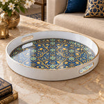 Ramadan Plastic Serving Tray – Blue Gold Tulip Arabesque plastic serving tray shown in a round product view.