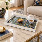 Ramadan Plastic Serving Tray – Blue Gold Tulip Arabesque plastic serving tray shown in a rectangular styled scene.