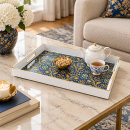 Ramadan Plastic Serving Tray – Blue Gold Tulip Arabesque plastic serving tray shown in a rectangular styled scene.