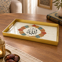 Ramadan & Eid al-Fitr Plastic Serving Tray – Gold Calligraphy Centre plastic serving tray shown in a rectangular product view.