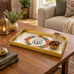 Ramadan & Eid al-Fitr Plastic Serving Tray – Gold Calligraphy Centre plastic serving tray shown in a rectangular styled scene.