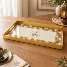 Ramadan & Eid al-Fitr Plastic Serving Tray – Calligraphy Emblem Border plastic serving tray shown in a rectangular product view.