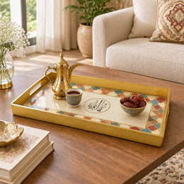 Ramadan & Eid al-Fitr Plastic Serving Tray – Calligraphy Emblem Border plastic serving tray shown in a rectangular styled scene.