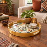 Ramadan & Eid al-Fitr Plastic Serving Tray – Black Script Tile Lattice plastic serving tray shown in a round styled scene.