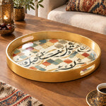 Ramadan & Eid al-Fitr Plastic Serving Tray – Black Script Tile Lattice plastic serving tray shown in a round product view.