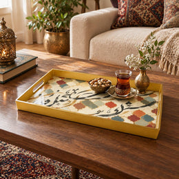 Ramadan & Eid al-Fitr Plastic Serving Tray – Black Script Tile Lattice plastic serving tray shown in a rectangular styled scene.