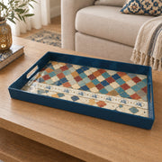 Ramadan & Eid al-Fitr Plastic Serving Tray – Navy Kilim Diamond Field plastic serving tray shown in a rectangular product view.