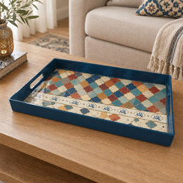 Ramadan & Eid al-Fitr Plastic Serving Tray – Navy Kilim Diamond Field plastic serving tray shown in a rectangular product view.