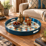 Ramadan & Eid al-Fitr Plastic Serving Tray – Navy Kilim Diamond Field plastic serving tray shown in a round styled scene.