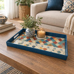Ramadan & Eid al-Fitr Plastic Serving Tray – Navy Kilim Diamond Field plastic serving tray shown in a rectangular styled scene.