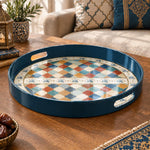 Ramadan & Eid al-Fitr Plastic Serving Tray – Navy Kilim Diamond Field plastic serving tray shown in a round product view.