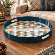 Ramadan & Eid al-Fitr Plastic Serving Tray – Navy Kilim Diamond Field plastic serving tray shown in a round product view.