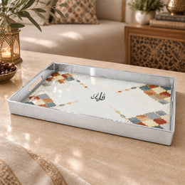 Ramadan & Eid al-Fitr Plastic Serving Tray – Blush Geometric Medallion plastic serving tray shown in a rectangular product view.